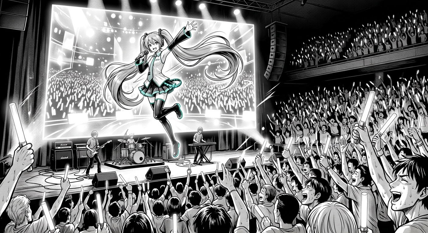 A synthetic figure projected on a near-transparent stage screen, live audience in silhouette before them.