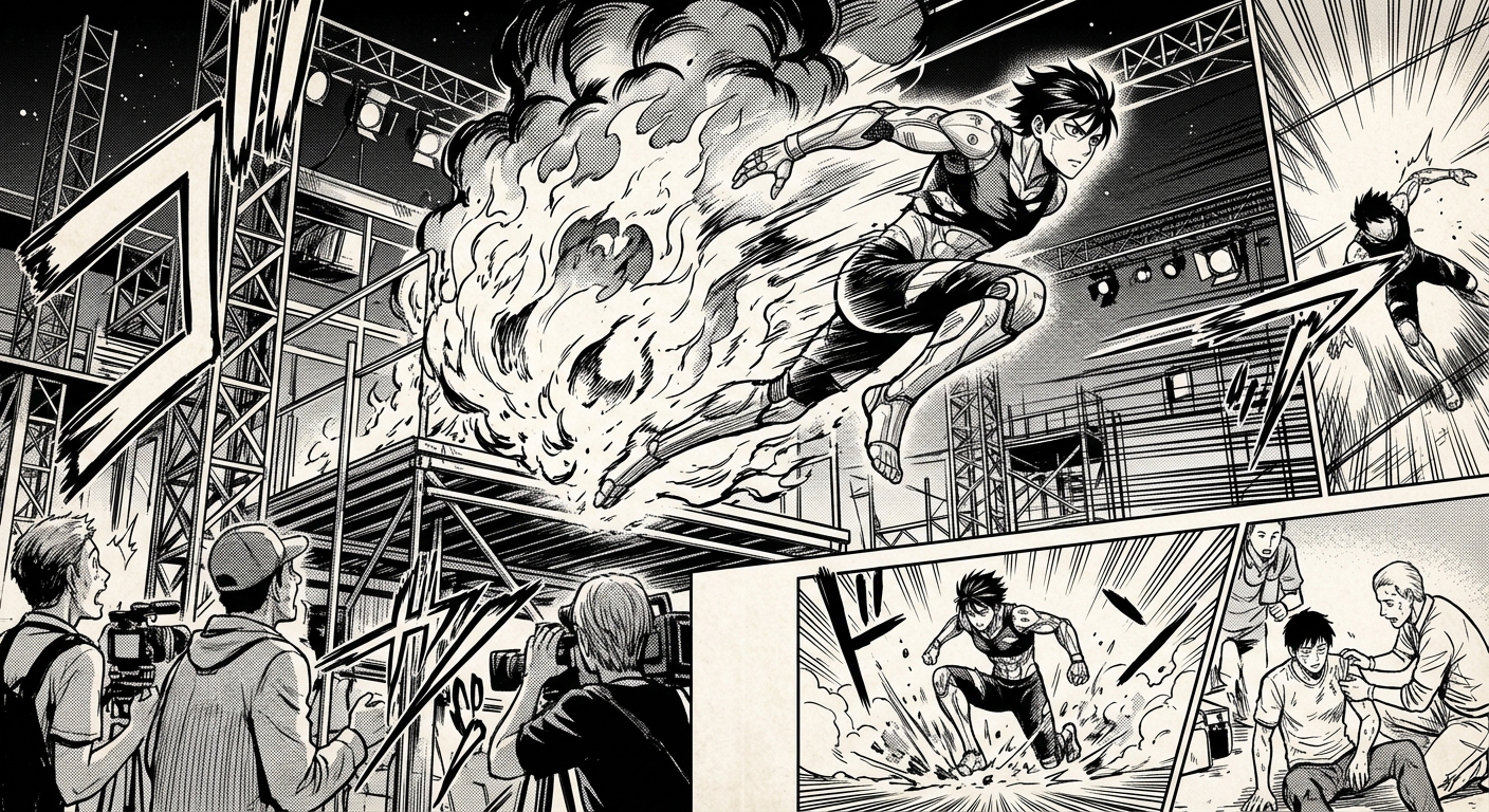 A synthetic figure mid-fall from a great height, fearless and perfectly controlled, no risk present.