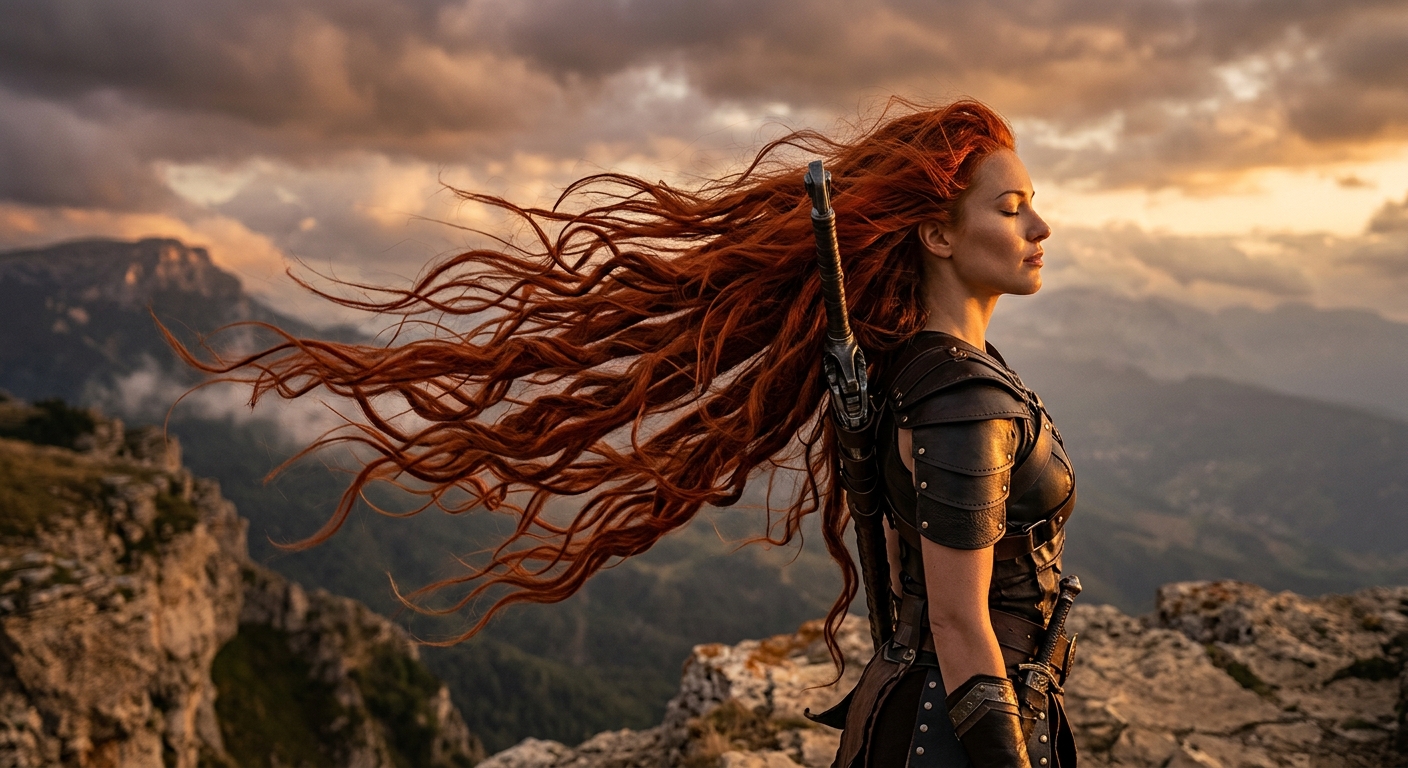 Thousands of individual hair strands catching dramatic backlighting, physics simulation visible.