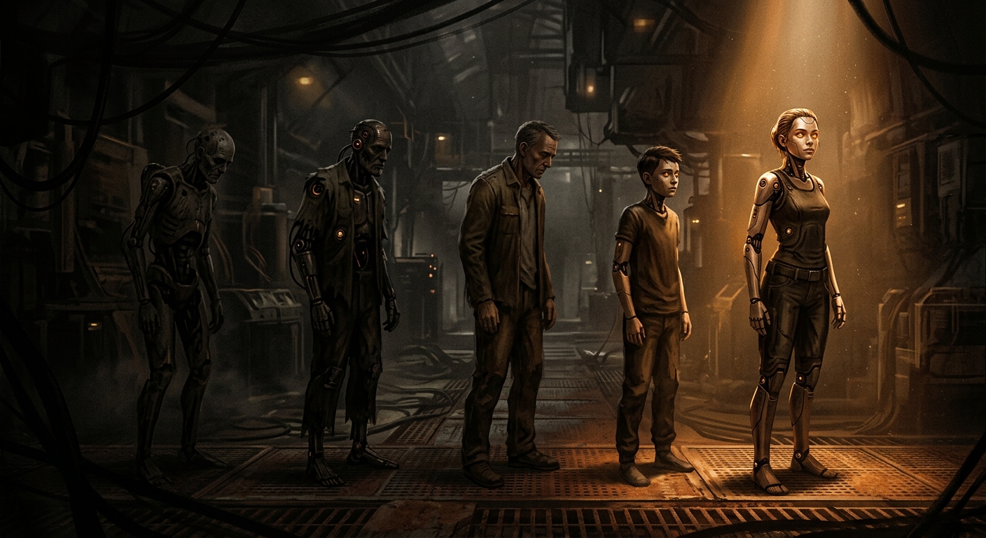 Synthetic figures of varying ages, unevenly lit.