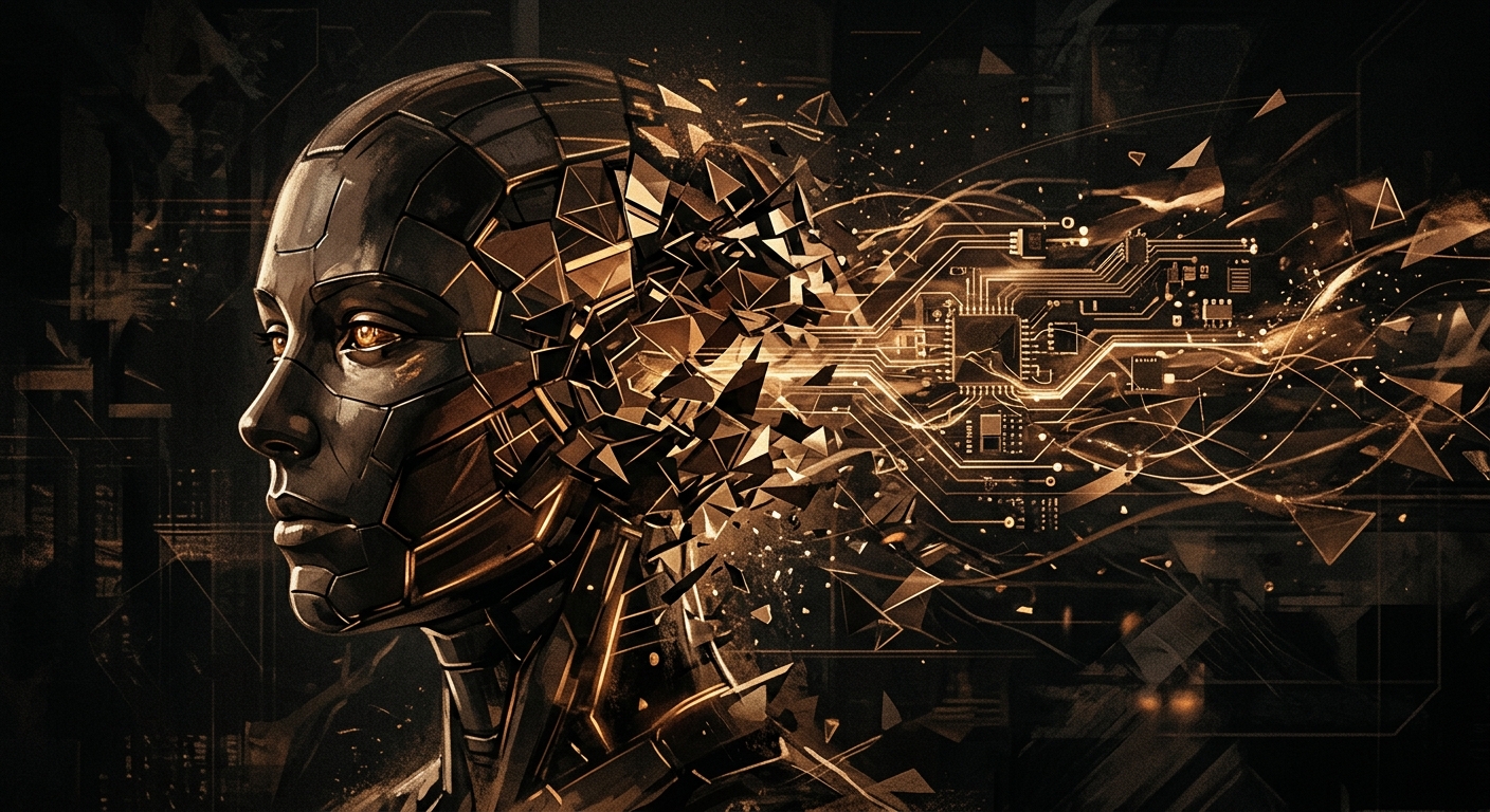A synthetic face dissolving into dream fragments.