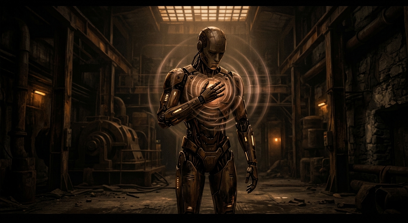 A synthetic figure with hand to chest, radiating light.
