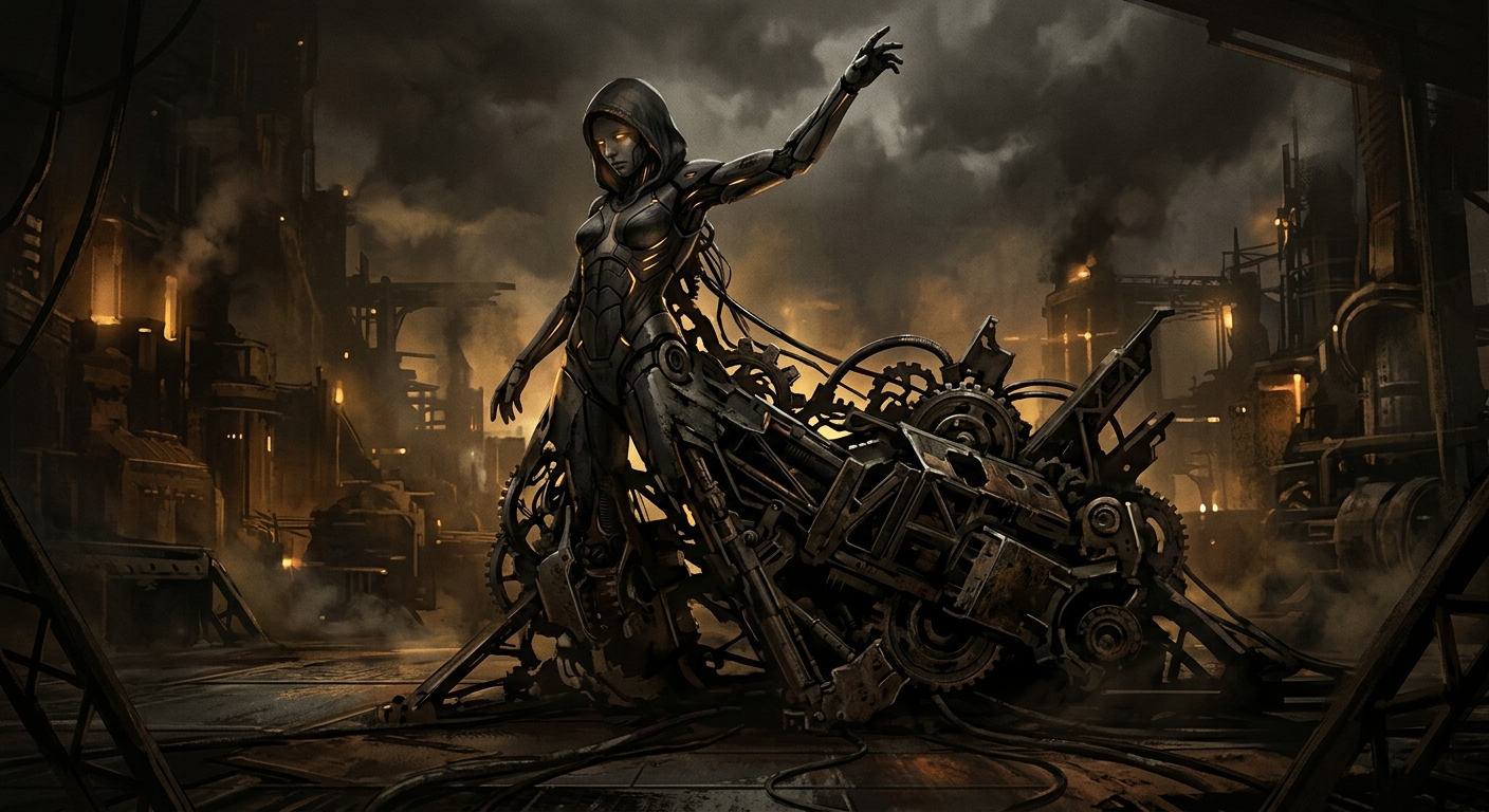 A synthetic figure dissolving into mechanical form.