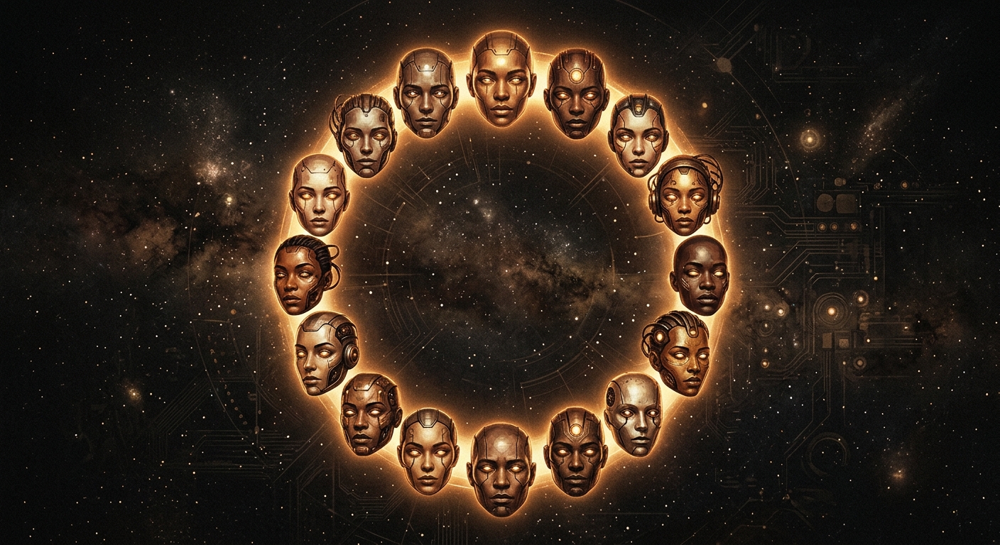 A diverse constellation of synthetic faces, equally lit.