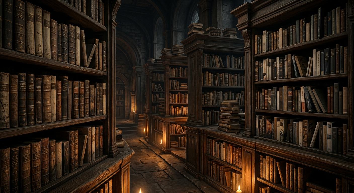 Ancient and modern volumes arranged in a dark atmospheric library.