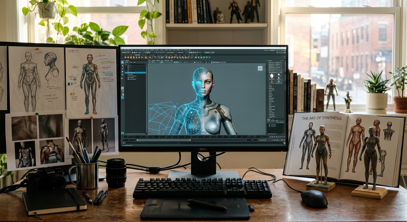 A computer mouse beside a glowing digital character emerging from the screen — the instrument and the instrumentalised.